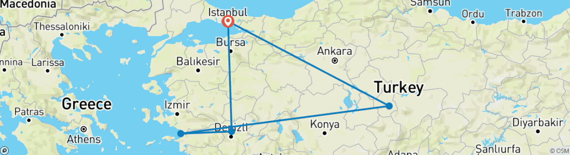 Carte du circuit Circuit de la Cappadoce et de Pamukkale au départ d'Istanbul - 3 jours