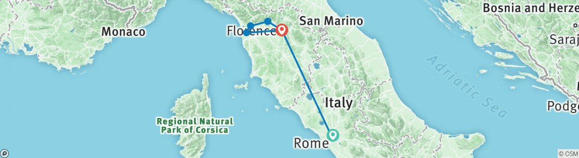 Map of Tuscany and Rome 7 days Private Tour