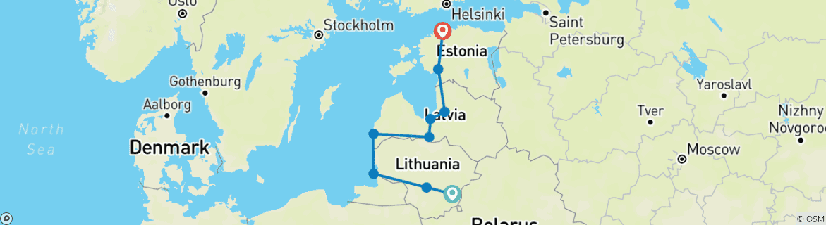 Map of Baltic Classical 10-day tour (Vilnius - Nida - Liepaja - Riga - Tallinn)