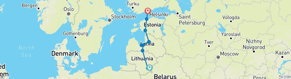 Map of Baltic Metropoles in 10 days (Vilnius - Riga - Tallinn - Helsinki)