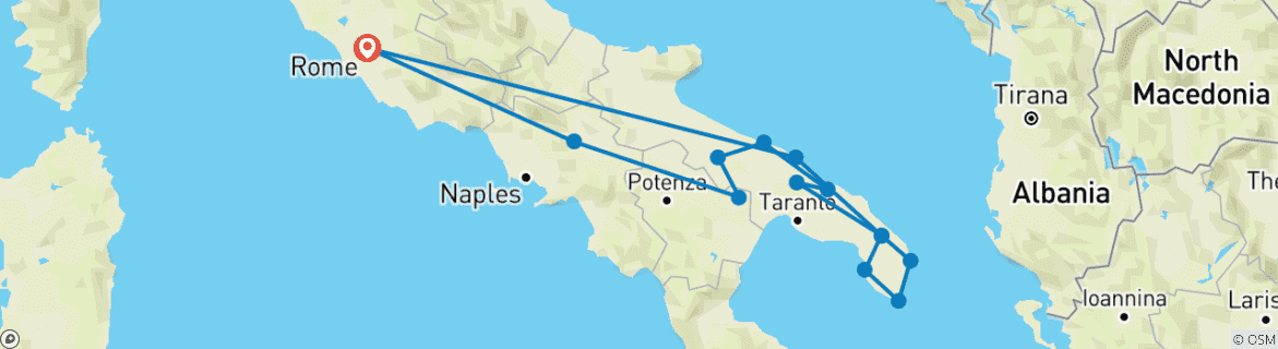 Kaart van 5 Daagse Apulië Tour vanuit Rome