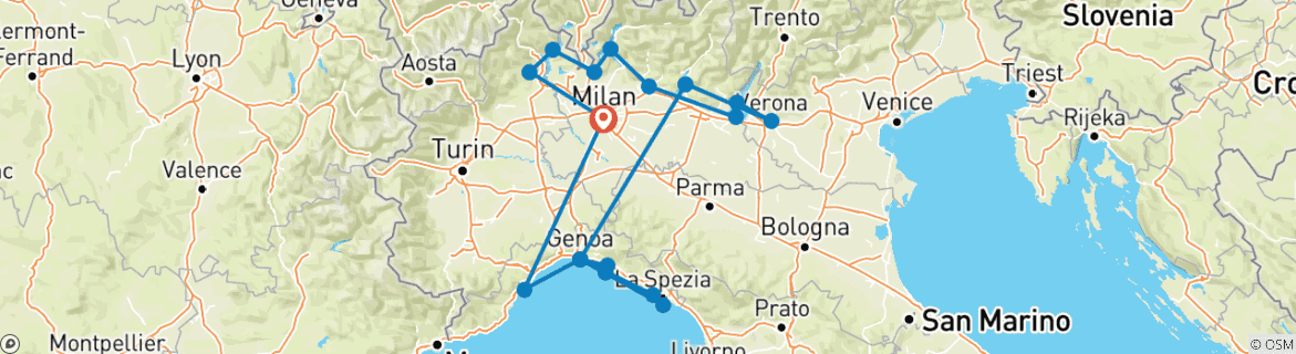 Map of 7 Days Northern Lakes and Italian Riviera Tour - from Milan