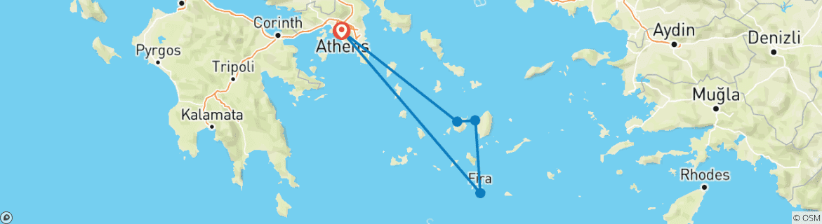 Mapa de Sueño de isla griega Paros, Naxos y Santorini- 7 días (Paquete autoguiado)