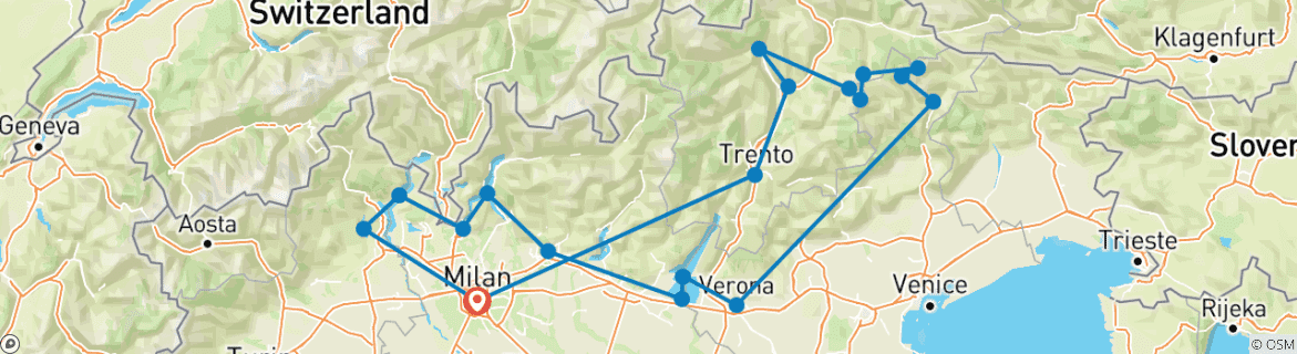 Map of 7 Days Northern Lakes and Dolomites Tour - from Milan