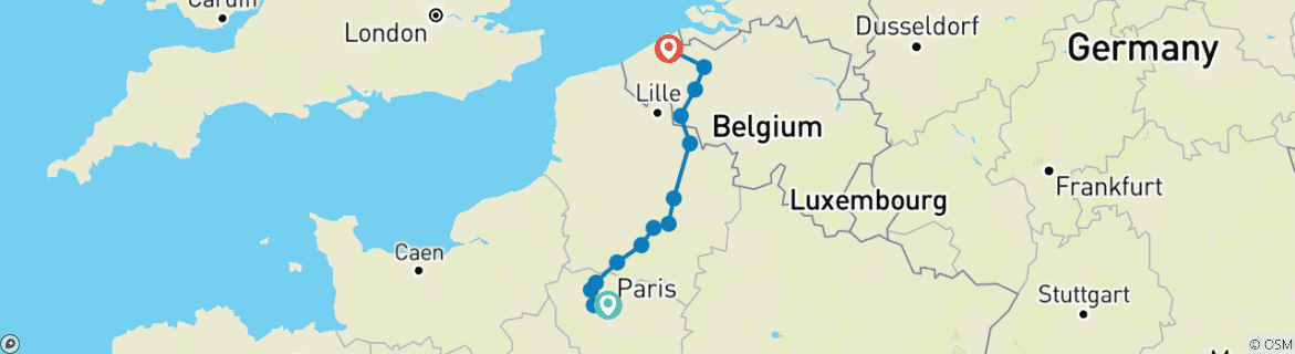 Map of Paris to Bruges (Brugge), Bike & Barge in France and Belgium