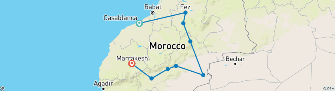 Map of 7 Days Tour From Casablanca to Marrakech via the Desert