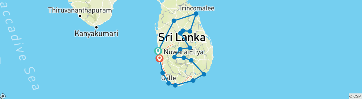 Carte du circuit A travers les meilleurs sites du Sri Lanka