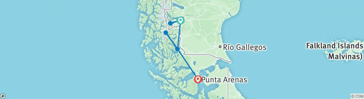 Map of Glaciers and Paine Adventure (4 Nights)