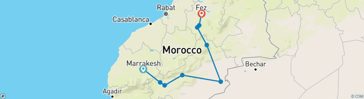 Mapa de De Marrakech a Fez circuito privado por el desierto - campamento de lujo