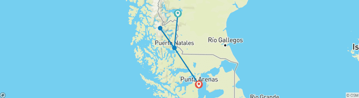 Map of Perito Moreno Glacier and Torres del Paine W-Trek EXPRESS (7 nights)