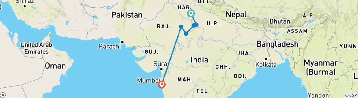 Mapa de Circuito de 9 días por el Triángulo de Oro con lo más destacado de Bombay