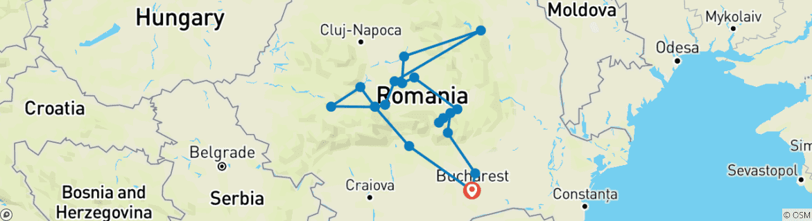 Map of Private Dracula Tour 6-Day in Transylvania from Bucharest with Hotel Pick Up/ Drop Off