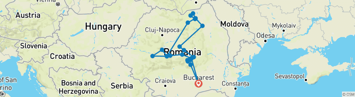 Map of Private 9-Day Transylvania and Bucovina Tour in Historical Romania with Hotel Pick Up/ Drop Off