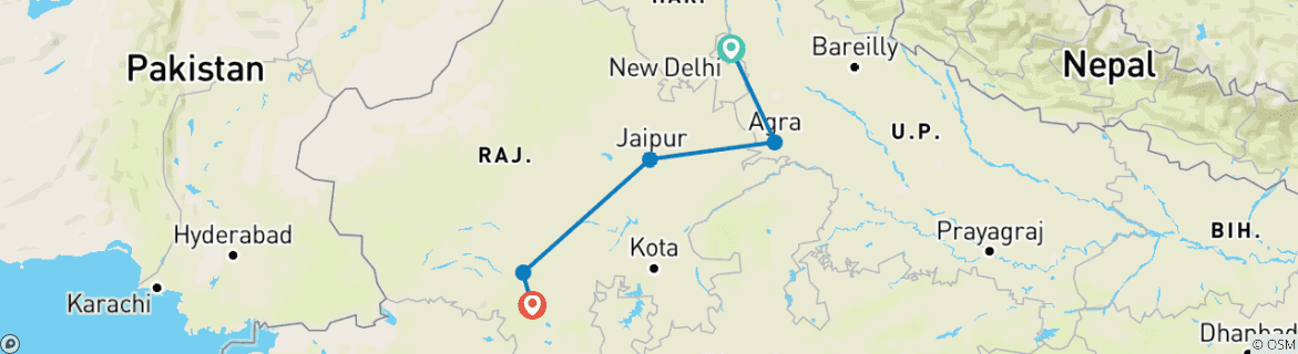 Map of 7 Day Golden Triangle Tour with Udaipur - Delhi Agra Jaipur Udaipur Tour