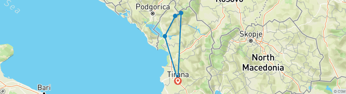 Carte du circuit Randonnée au lac Koman, Valbona et Theth depuis Tirana ou Shkoder en 3 jours