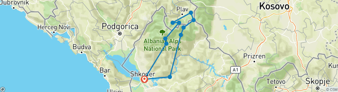 Mapa de Picos de los Balcanes - Caminata sin Fronteras en Albania y Montenegro - 8 días