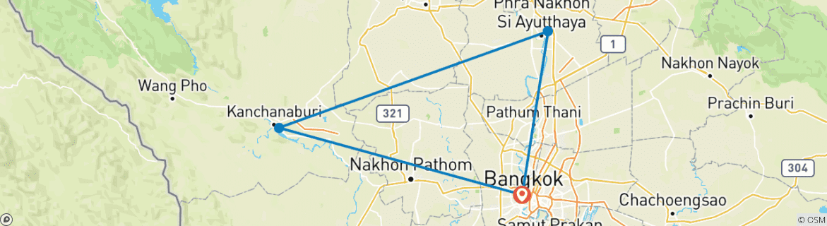 Mapa de Circuito privado de 7 días por Bangkok, Ayutthaya y Kanchanaburi (P.T. a medida)