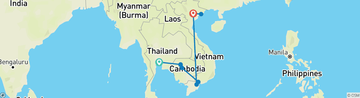 Carte du circuit Explorez la Thaïlande, le Cambodge et le Vietnam en 13 jours (circuit privé sur mesure)