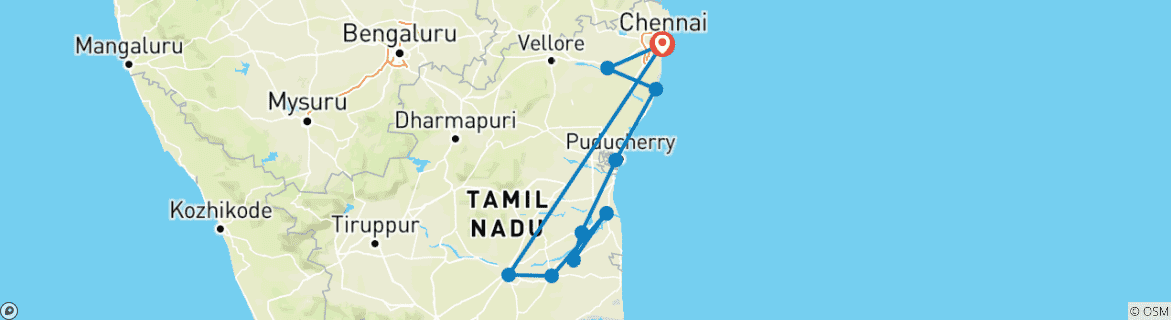 Karte von Pondicherry, Thanjavur & Trichy Heritage Abenteuer