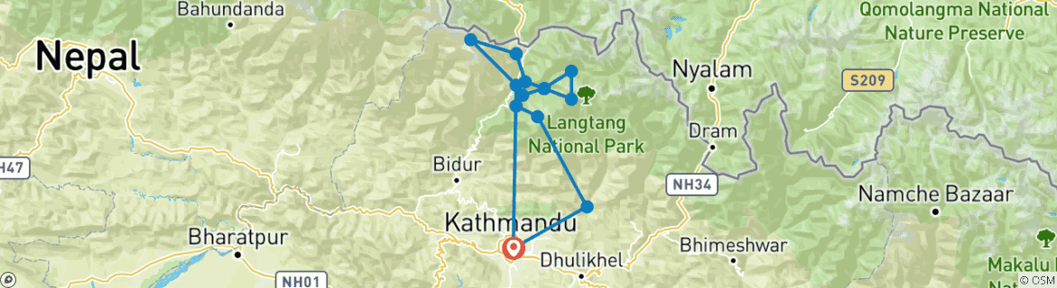 Carte du circuit Trek Tamang Heritage Vallée du Langtang et Gosainkunda