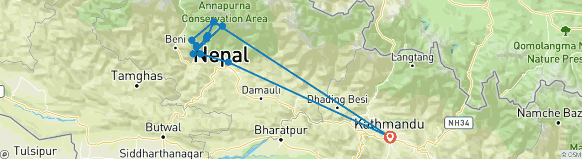 Carte du circuit Ghorepani Poon Hill ABC Trek - 16 jours