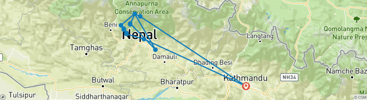 Carte du circuit Trek avec vue sur l'Annapurna et l'Himalaya