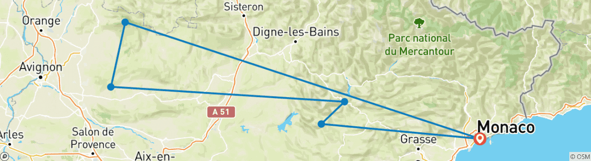 Map of France Drive, Riviera & Provence in a Porsche: Pre-set sat-nav guided