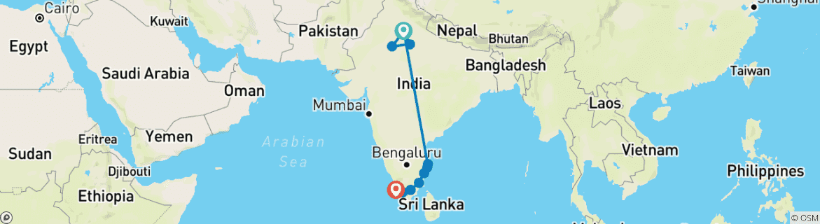 Map of 16 Days Golden Triangle Tour with South India and Backwaters