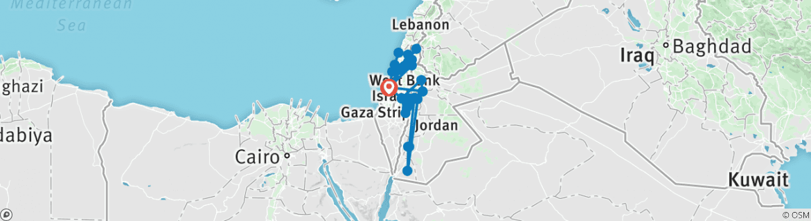 Map of Israel & Jordan Tour Package, 12 Days