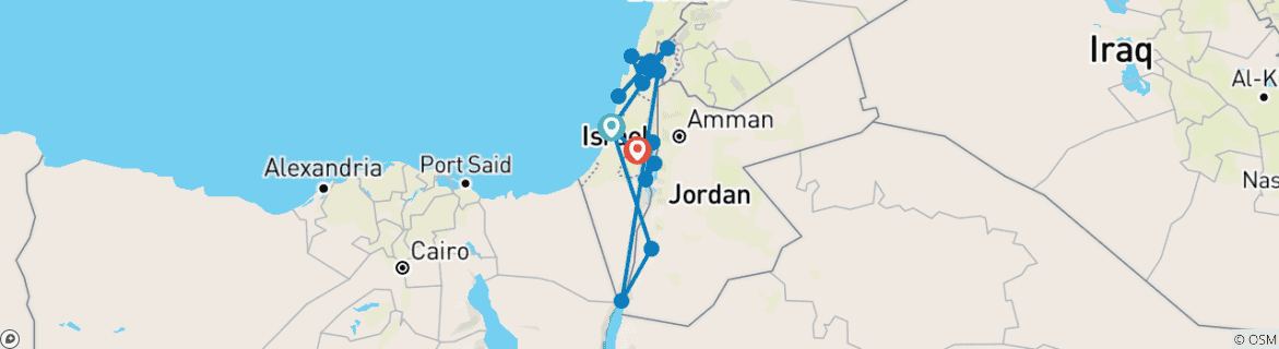 Carte du circuit Israël classique et Pétra, 12 jours