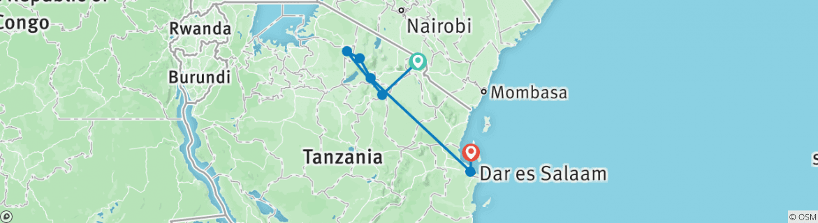 Map of 18 Days Exploring Tanzania VIP Packages