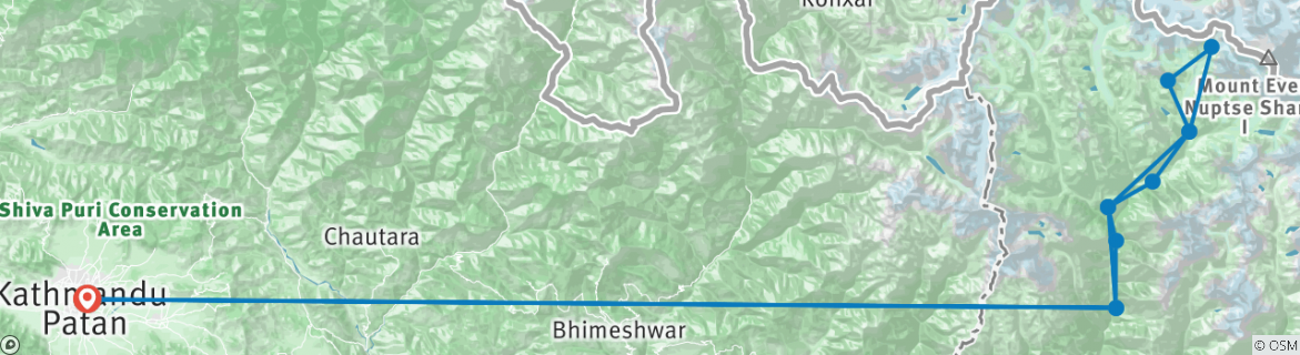 Kaart van Everest Basiskamp Trek (13 bestemmingen)