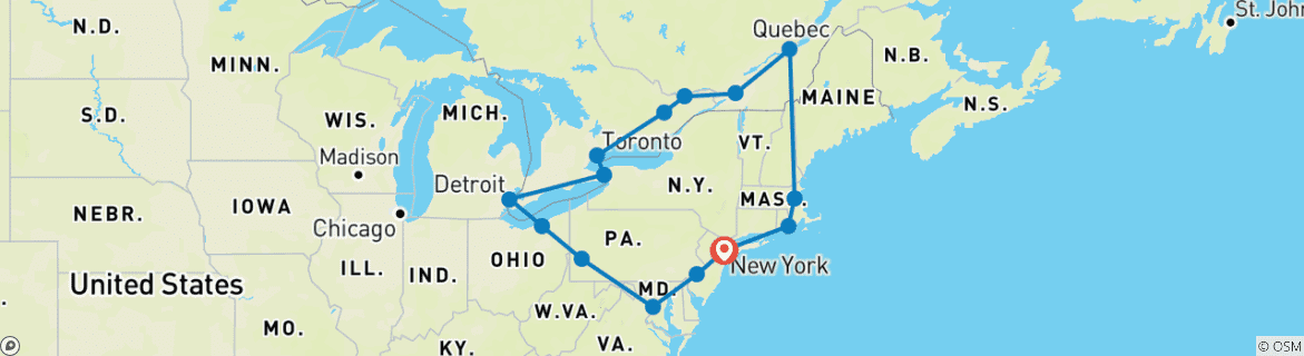 Carte du circuit Escapade dans l'est des Etats-Unis et du Canada (15 destinations)