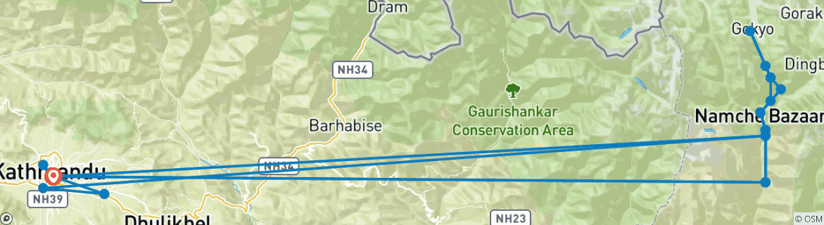 Image of a map showing the route of the tour