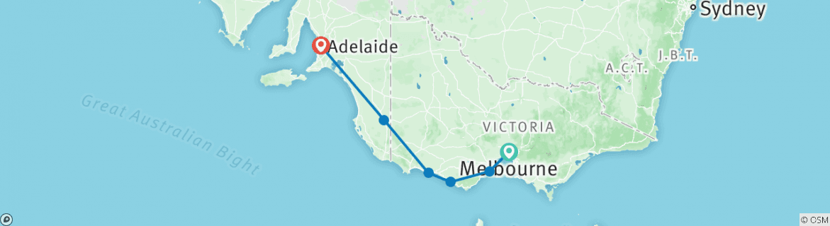 Mapa de Circuito Great Ocean Road en Melbourne incluido Adelaida 4 días y 3 noches