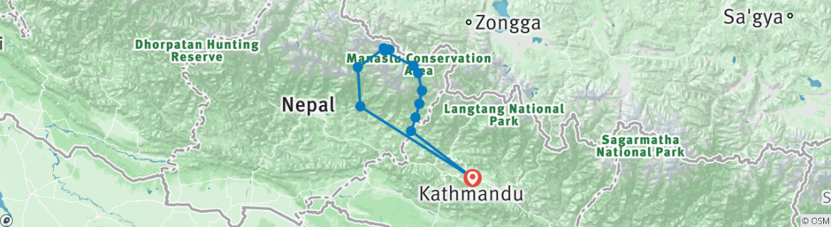 Mapa de Vuelta al circuito del Manaslu - 14 días