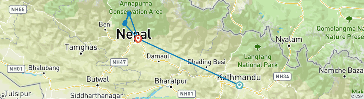 Map of Short Annapurna Base Camp Trekking- 7 Days