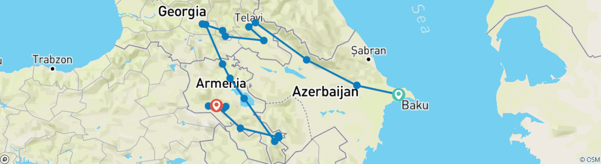 Map of Grand Caucasus Tour (Azerbaijan - Georgia - Armenia) - 14 days / Private Tour