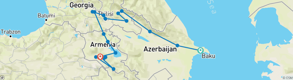 Karte von Private Südkaukasus Tour (Aserbaidschan - Georgien - Armenien) - 14 Tage