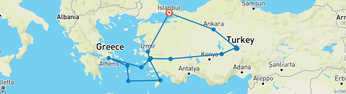 Carte du circuit Le meilleur de la Turquie et de la Grèce avec une croisière de 4 nuits (Petit groupe)