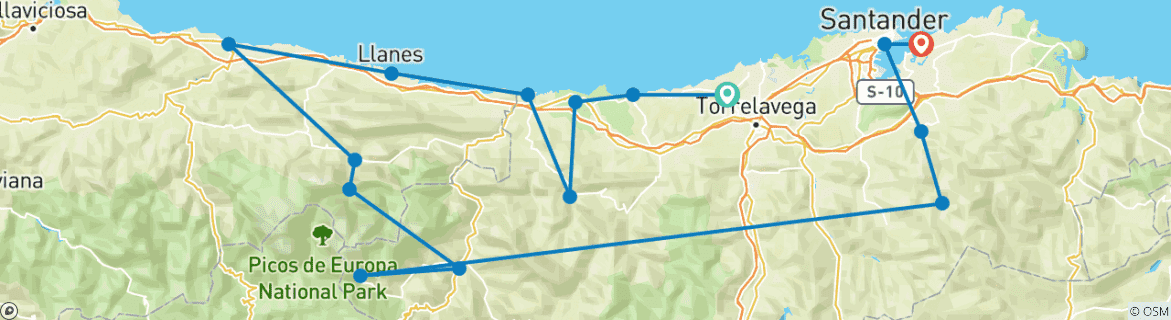 Map of Grand Cycling Tour of Cantabria & Asturias.