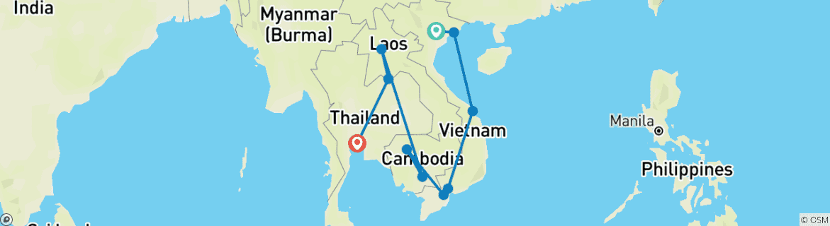 Kaart van Indochina rondreis met verlenging Bangkok 21 dagen