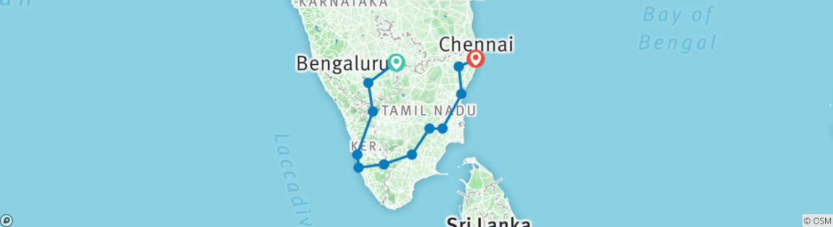 Map of Romantic Karnataka Tour Package With Kerala & including  Hotel