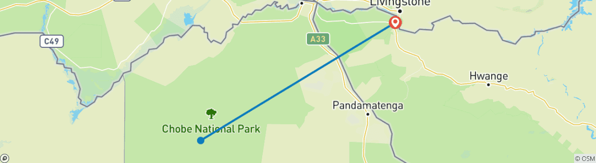 Map of 3 Days Victoria Falls and Chobe Safari