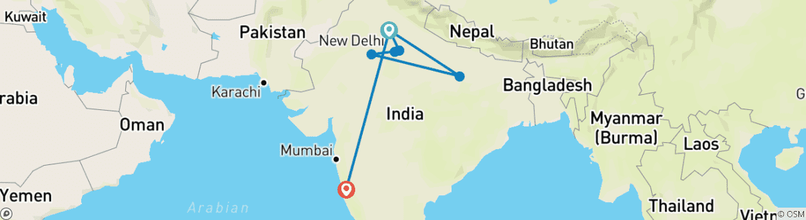 Map of North India Tour with Goa