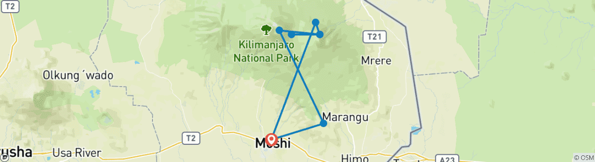 Mapa de Kilimanjaro escalada ruta Rongai 7 días