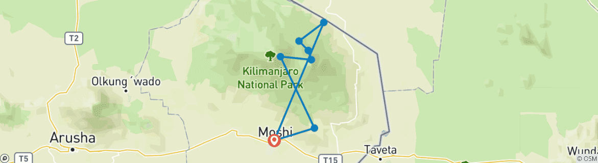 Mapa de Kilimanjaro escalada ruta Rongai 6 días