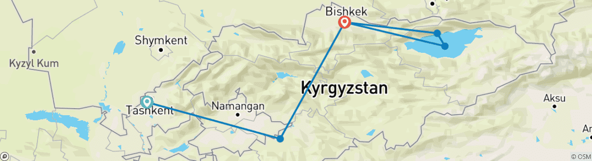 Map of Kyrgyzstan 5 Day Tour with Osh, Bishkek, and Issyk Kul