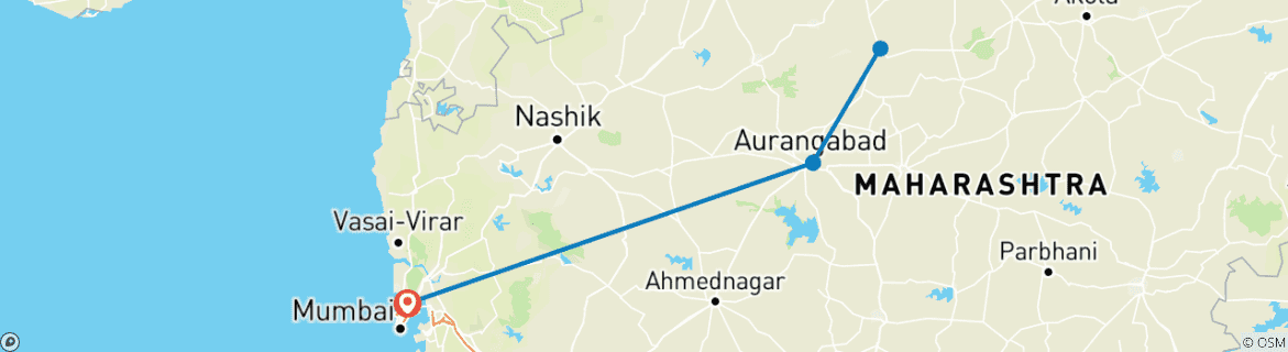 Mapa de Circuito guiado privado de lujo a las cuevas de Ajanta Ellora - desde Mumbai con vuelos: Esculturas, Tallas Rupestres y más