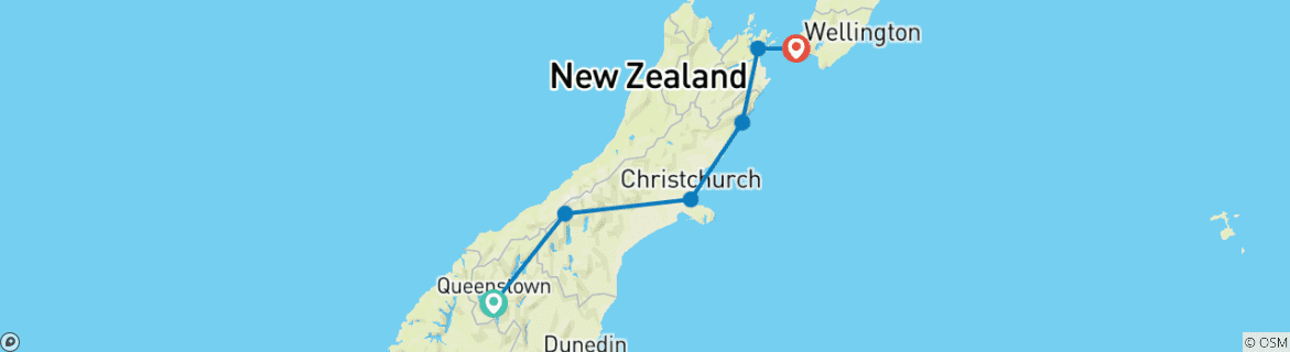 Mapa de Lo mejor de Queenstown a Wellington - circuito en coche de 7 días